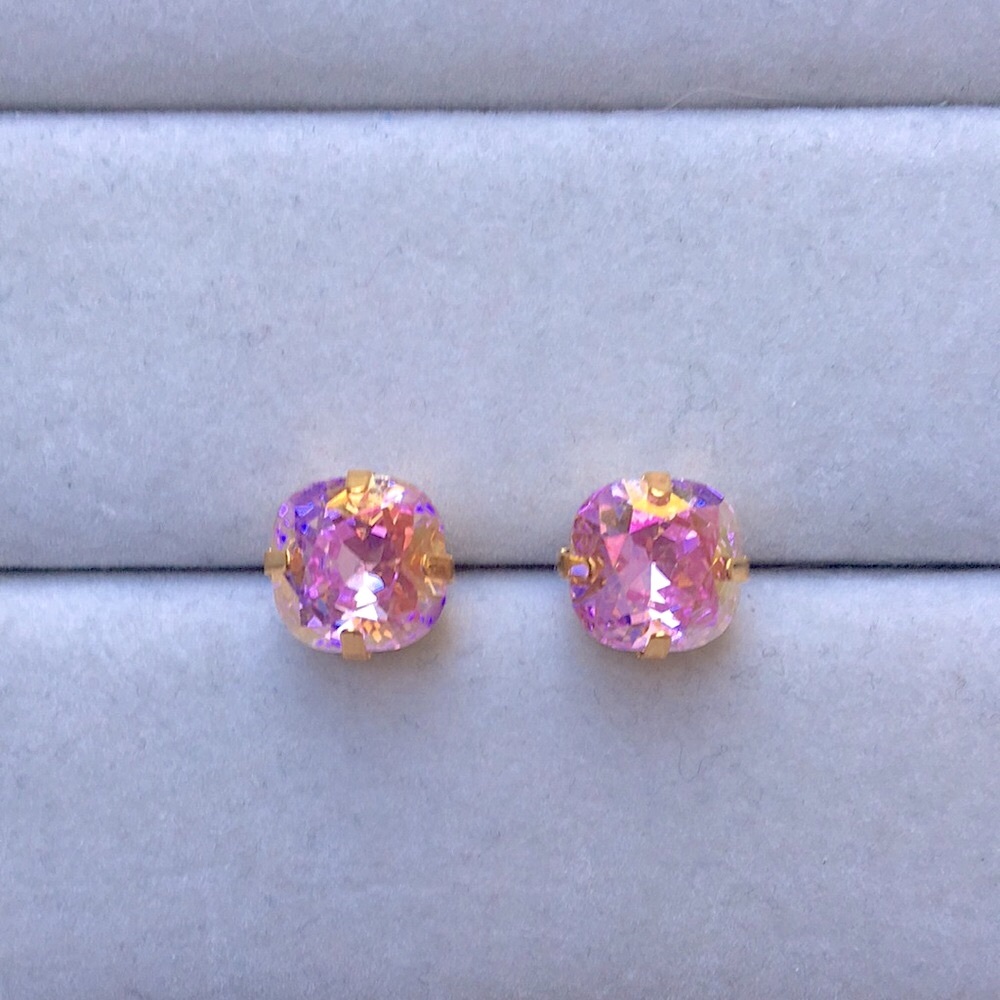 Iridescent Rose Pink + Gold Cushion Cut Crystal Earrings